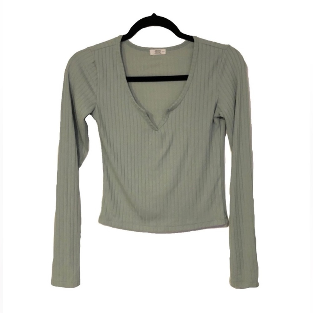 Mint Green Ribbed Long Sleeve V-Neck Top